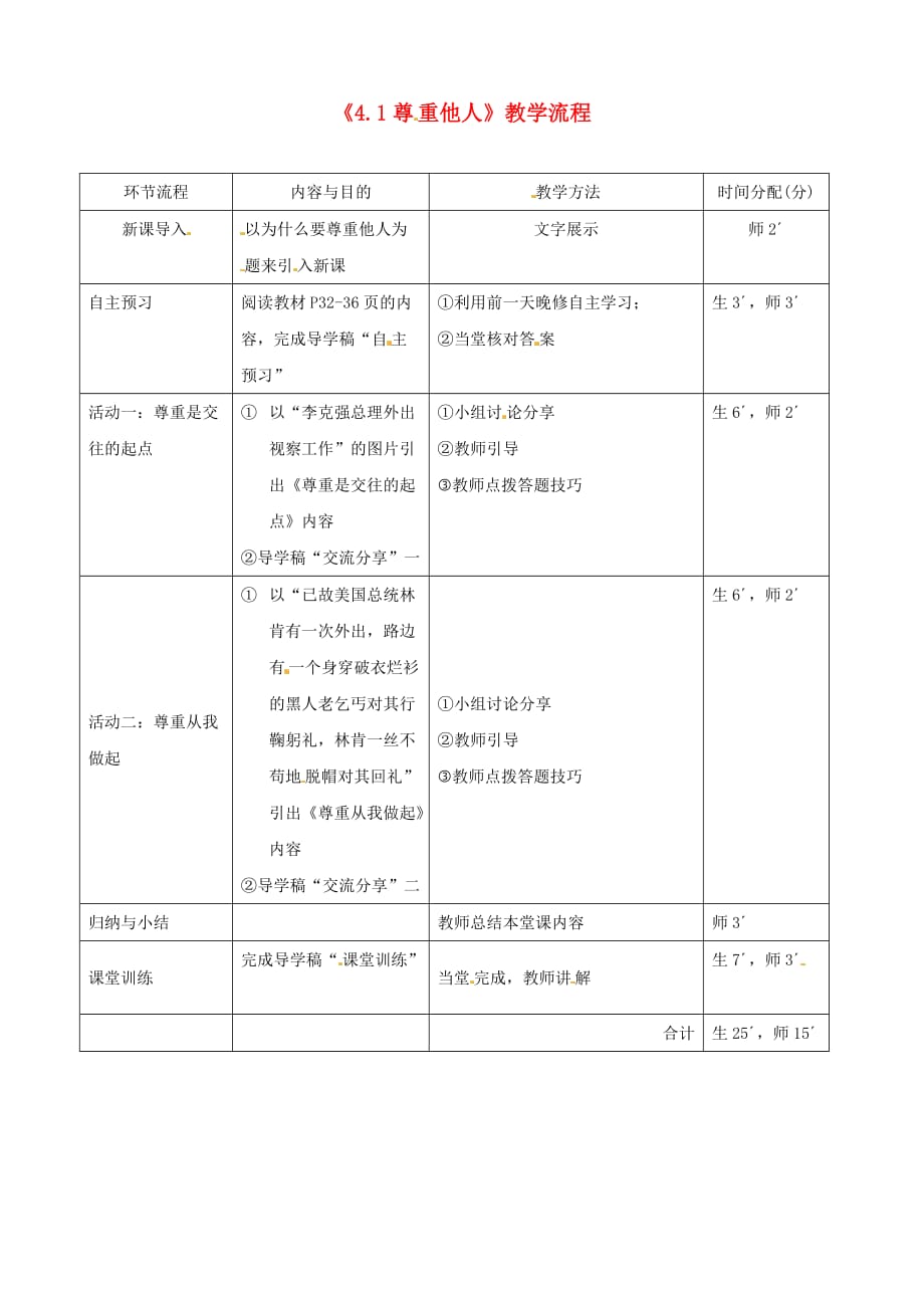 广东省河源市八年级道德与法治上册第二单元遵守社会规则第四课社会生活讲道德第1框尊重他人教学流程新人教版_第1页