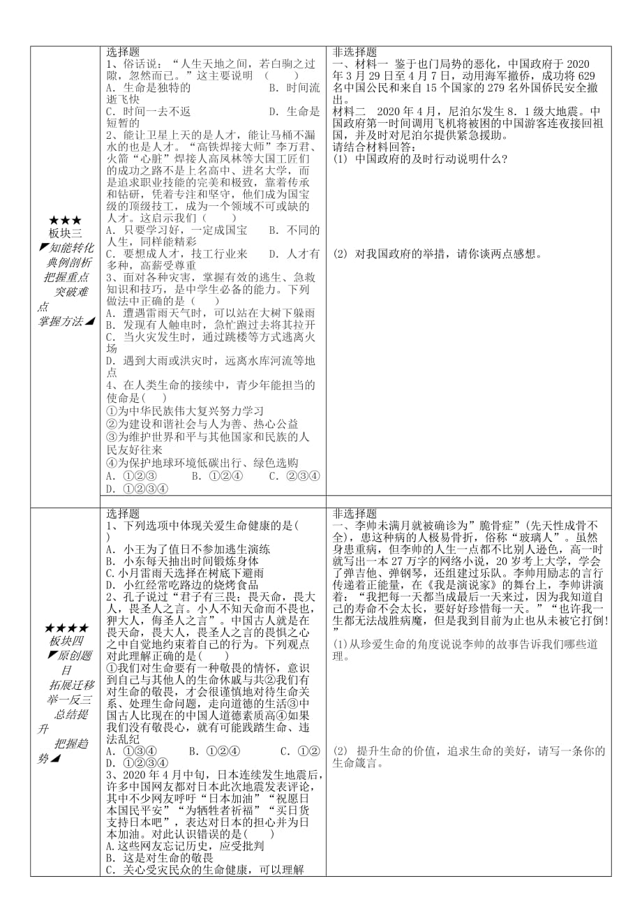 安徽省铜陵市七年级道德与法治上册第四单元生命的思考复习学案无答案新人教版_第3页