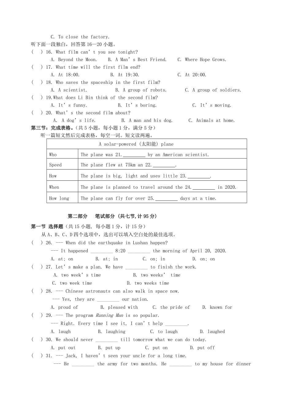 重庆市合川区合阳中学2020届中考英语模拟试题（二）（无答案）_第2页