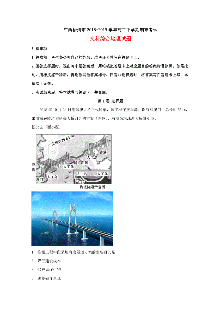 广西梧州市2018-2019学年高二地理下学期期末考试试题（含解析）_第1页