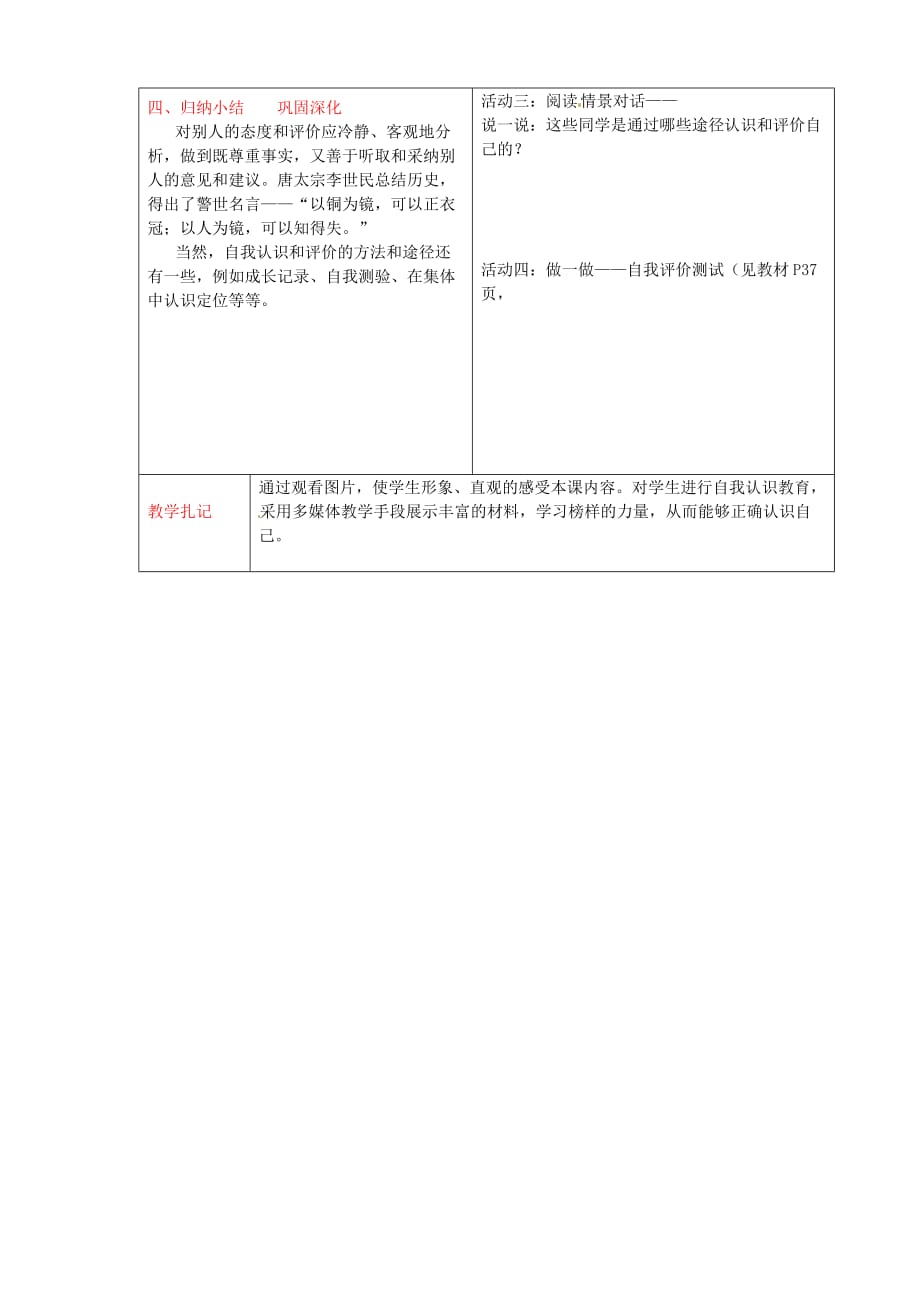 山东省临沂市蒙阴县第四中学七年级政治上册《3.3 新自我 新认识》教案 鲁教版_第3页