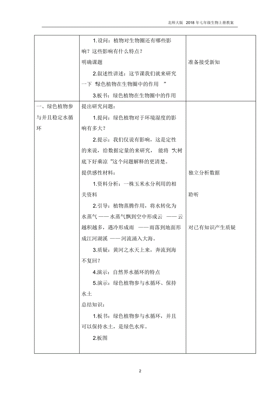 北师大版生物七年级上册3.7.1《绿色植物在生物圈中的作用》教案..pdf_第2页