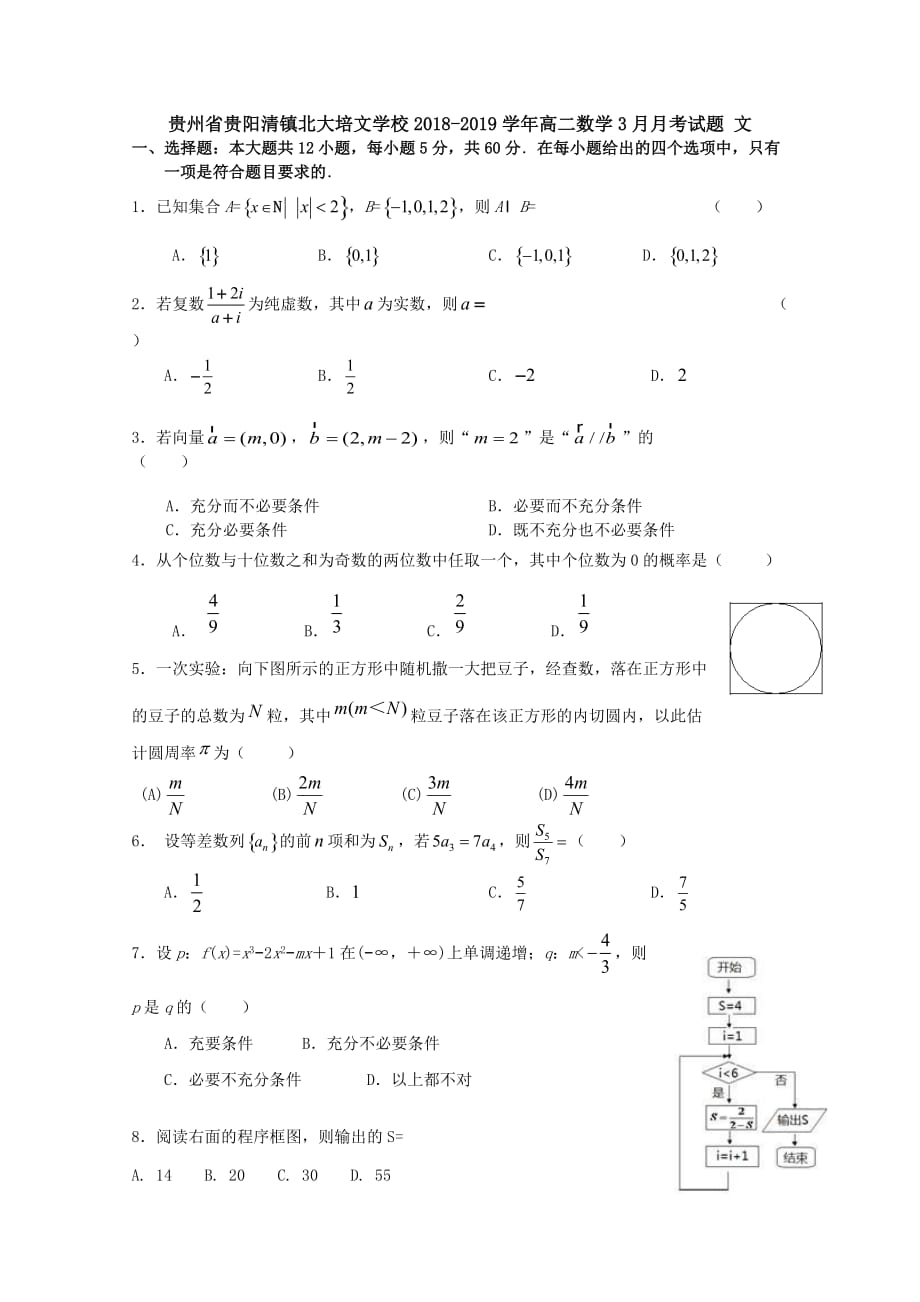 贵州省贵阳清镇北大培文学校2018-2019学年高二数学3月月考试题文[含答案].doc_第1页