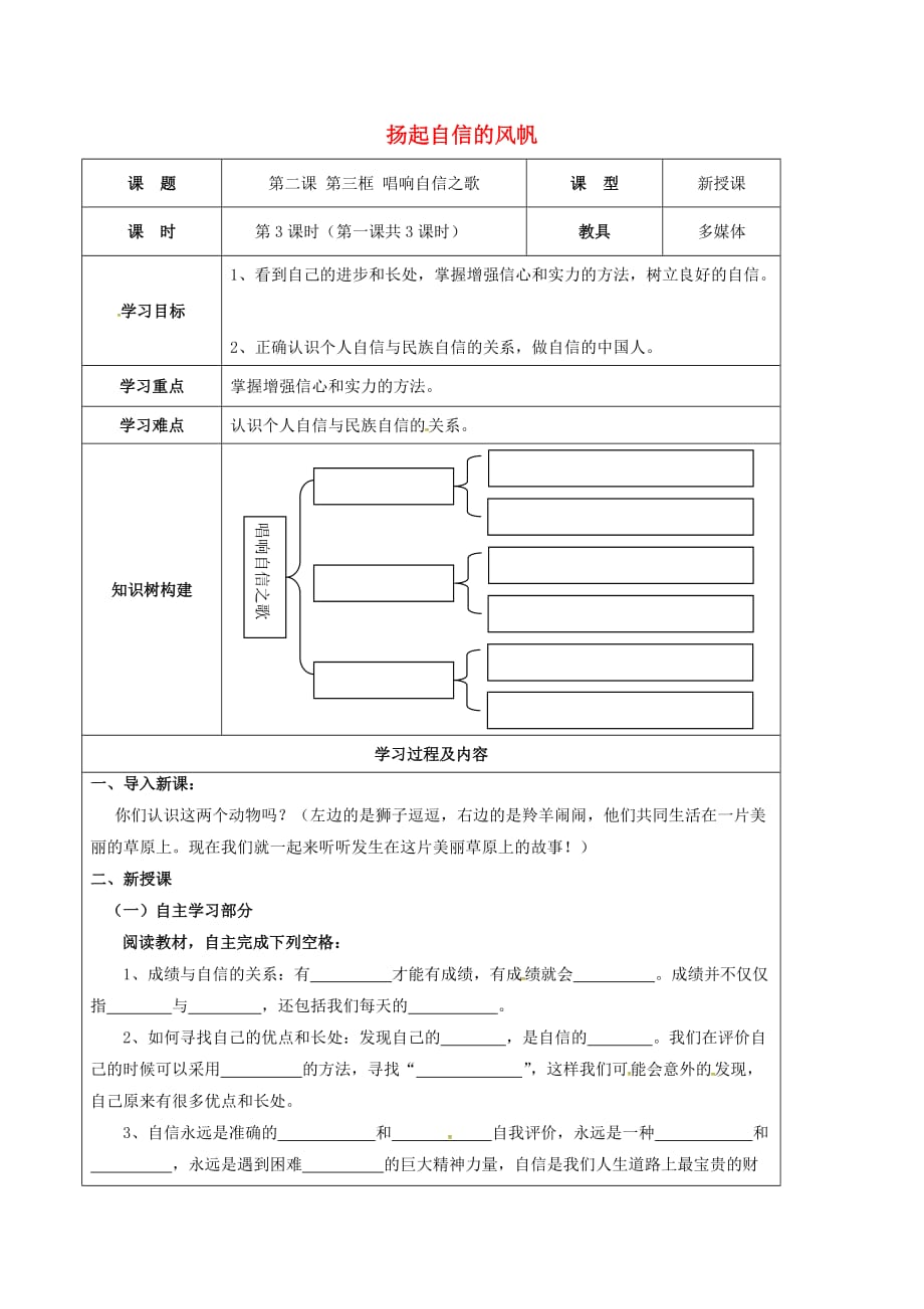 新疆新源县别斯托别中学七年级政治下册 第一单元 第二课 扬起自信的风帆导学案3（无答案） 新人教版_第1页