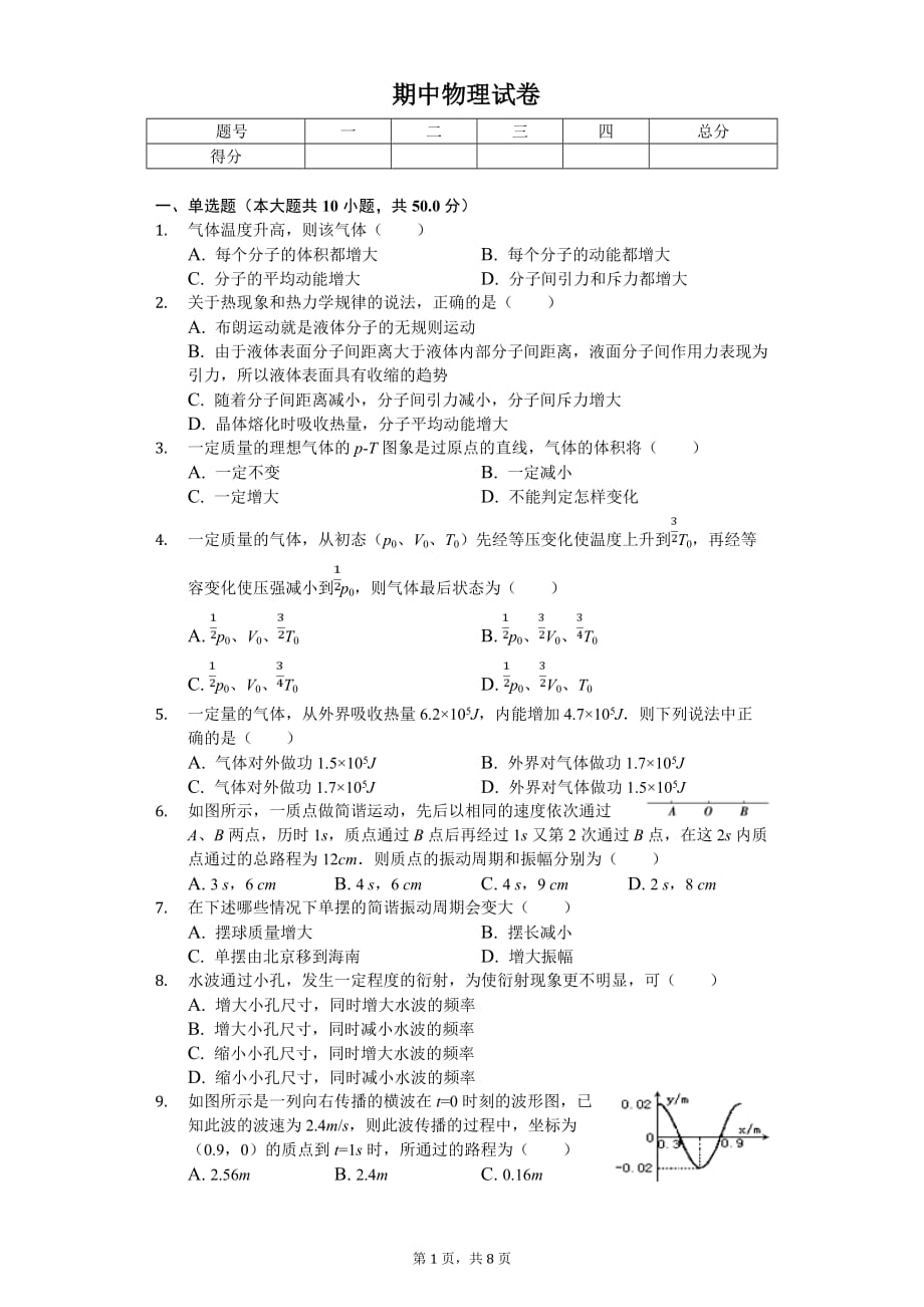 2020年山东省济宁市高二（下）期中物理试卷_第1页