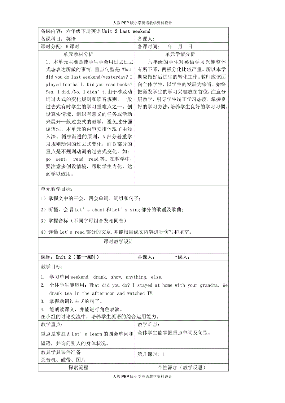 人教PEP版小学六年级下册英语-Unit 2 教案（全）1_第1页