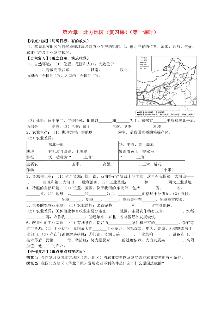 山东省平邑曾子学校八年级地理下册 第六章 北方地区（第1课时）复习学案（无答案）（新版）新人教版_第1页