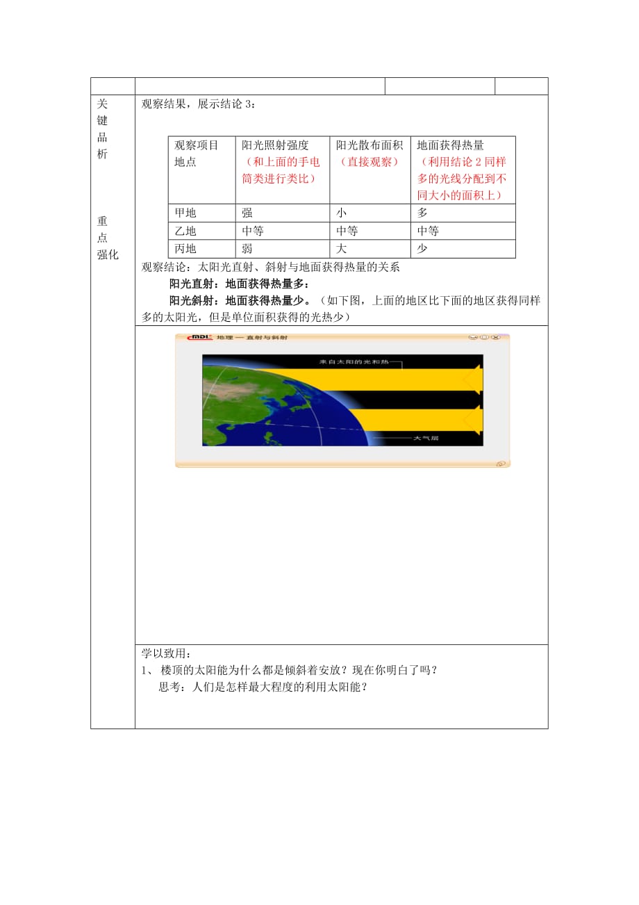 七年级地理上册 第一章 地球 太阳光直射、斜射对地面获得热量的影响教学案1（无答案）（新版）商务星球版_第3页