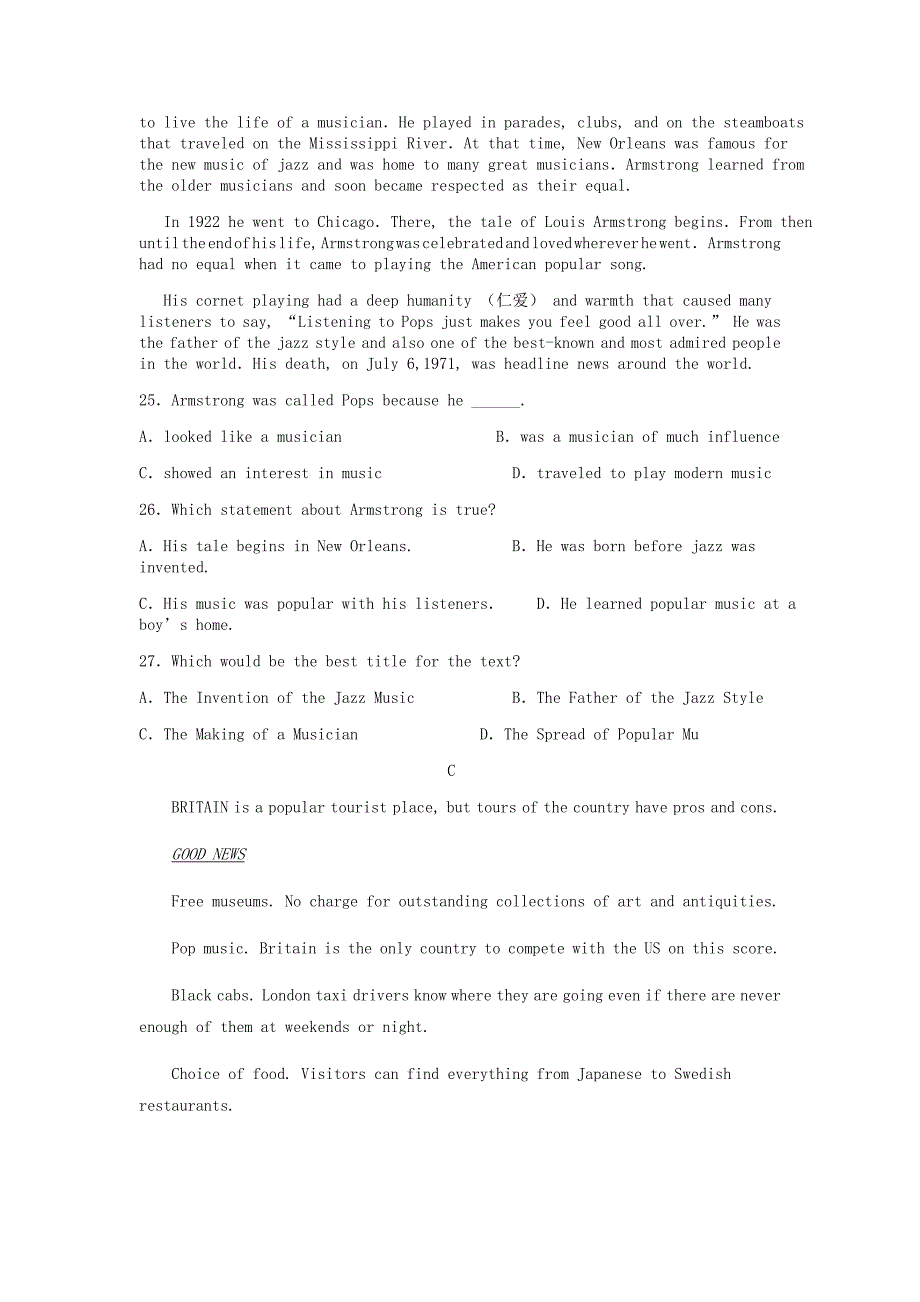 吉林省公主岭市范家屯镇第一中学2019-2020学年高一英语上学期第二次月考试题[含答案].doc_第4页