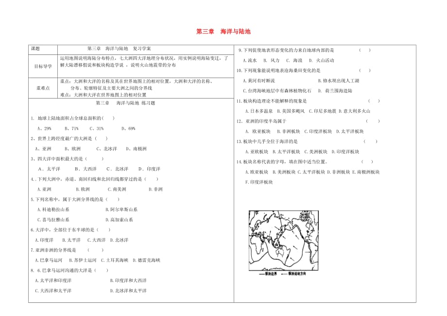 山东省夏津实验中学七年级地理上册 第3章 海洋与陆地学案（无答案）（新版）商务星球版_第1页