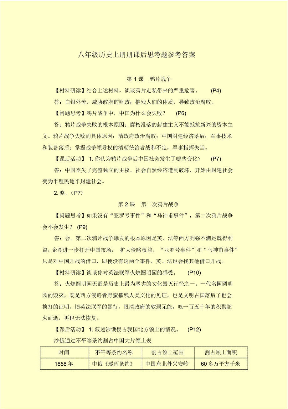 最新八年级历史上册课后思考题参考答案_第1页