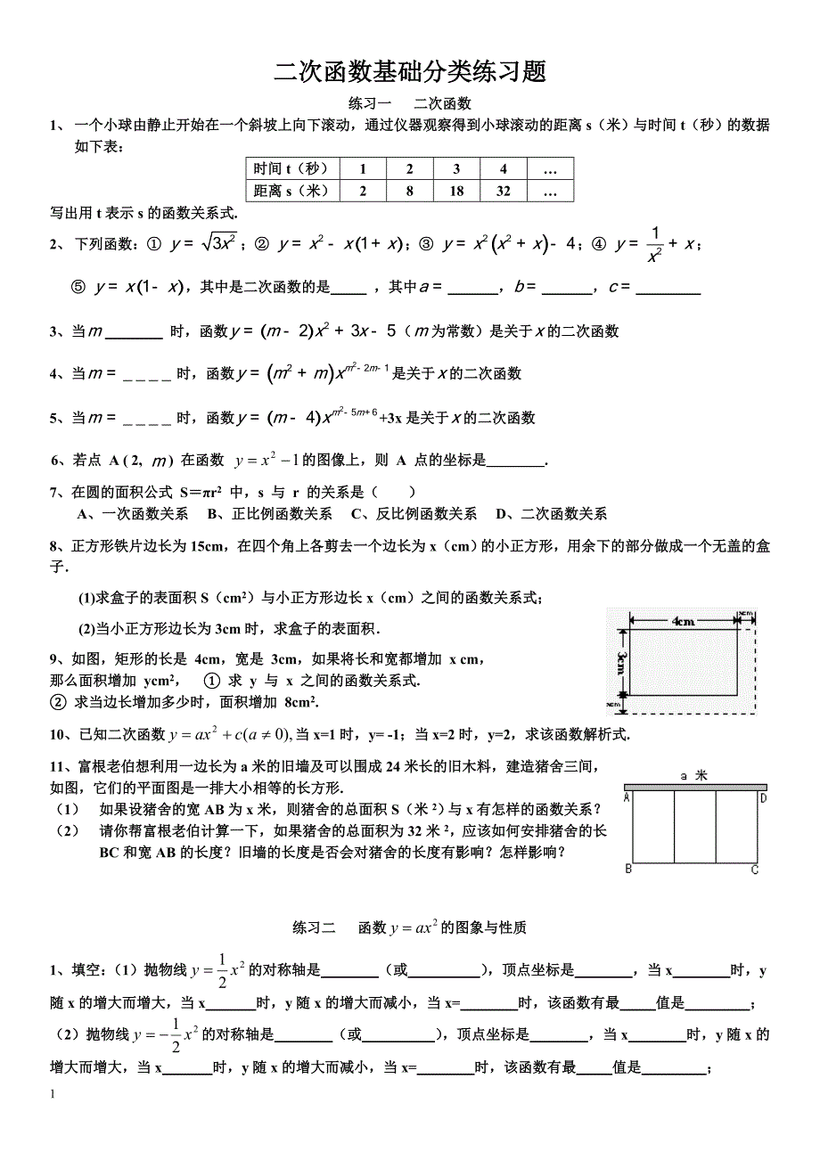 二次函数基础分类练习题及答案上传培训讲学_第1页