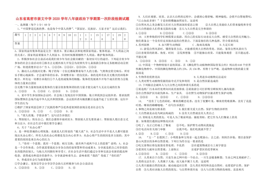 山东省高密市崇文中学2020学年八年级政治下学期第一次阶段检测试题（无答案） 鲁教版_第1页