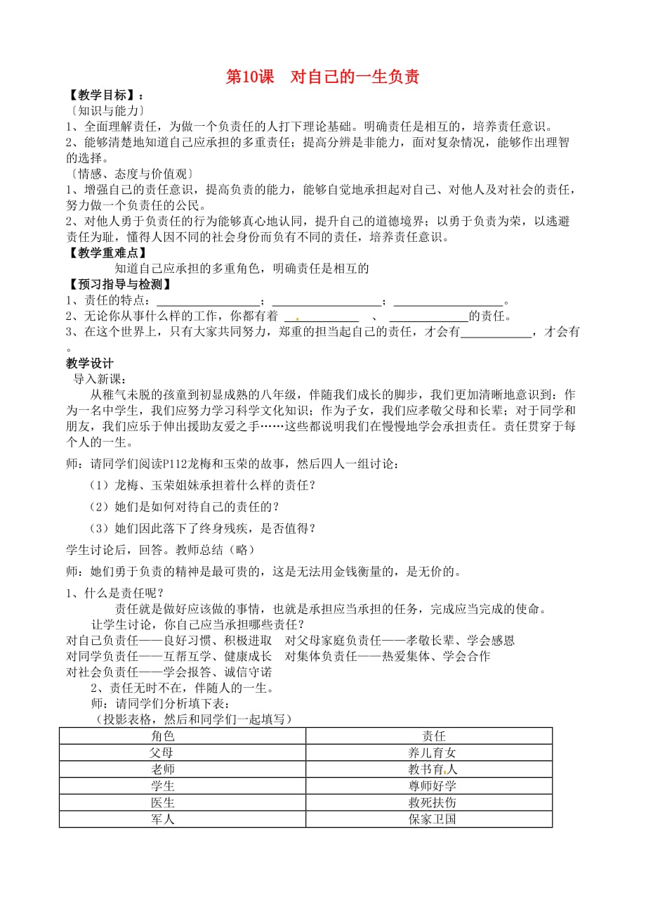 江苏省洪泽外国语中学八年级政治上册《第10课 对自己的一生负责》教案1 苏教版_第1页