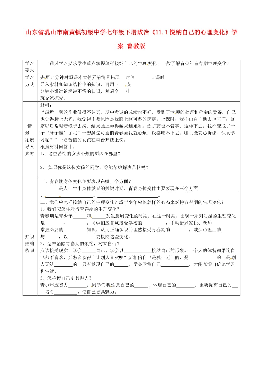 山东省乳山市南黄镇初级中学七年级政治下册《11.1悦纳自己的心理变化》学案（无答案） 鲁教版_第1页