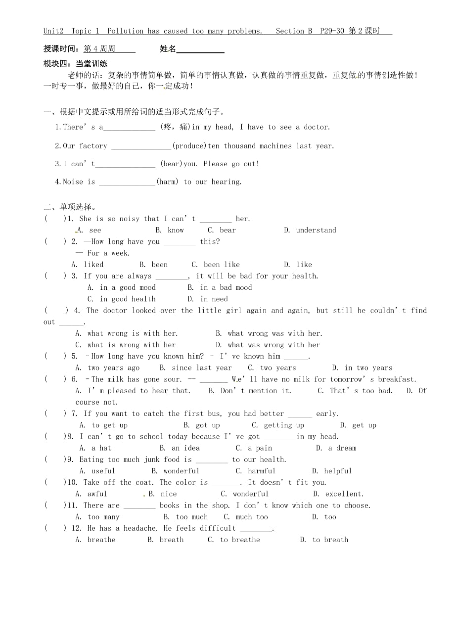 广东省河源中国教育学会中英文实验学校九年级英语上册《Unit 2 Topic 1 Pollution has causes too many problems（第2课时）》讲学稿（无答案）（新版）仁爱版（通用）_第3页