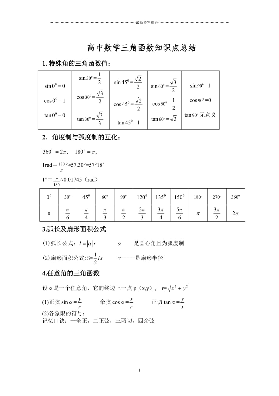 高中数学三角函数知识点总结(珍藏版)精编版_第1页