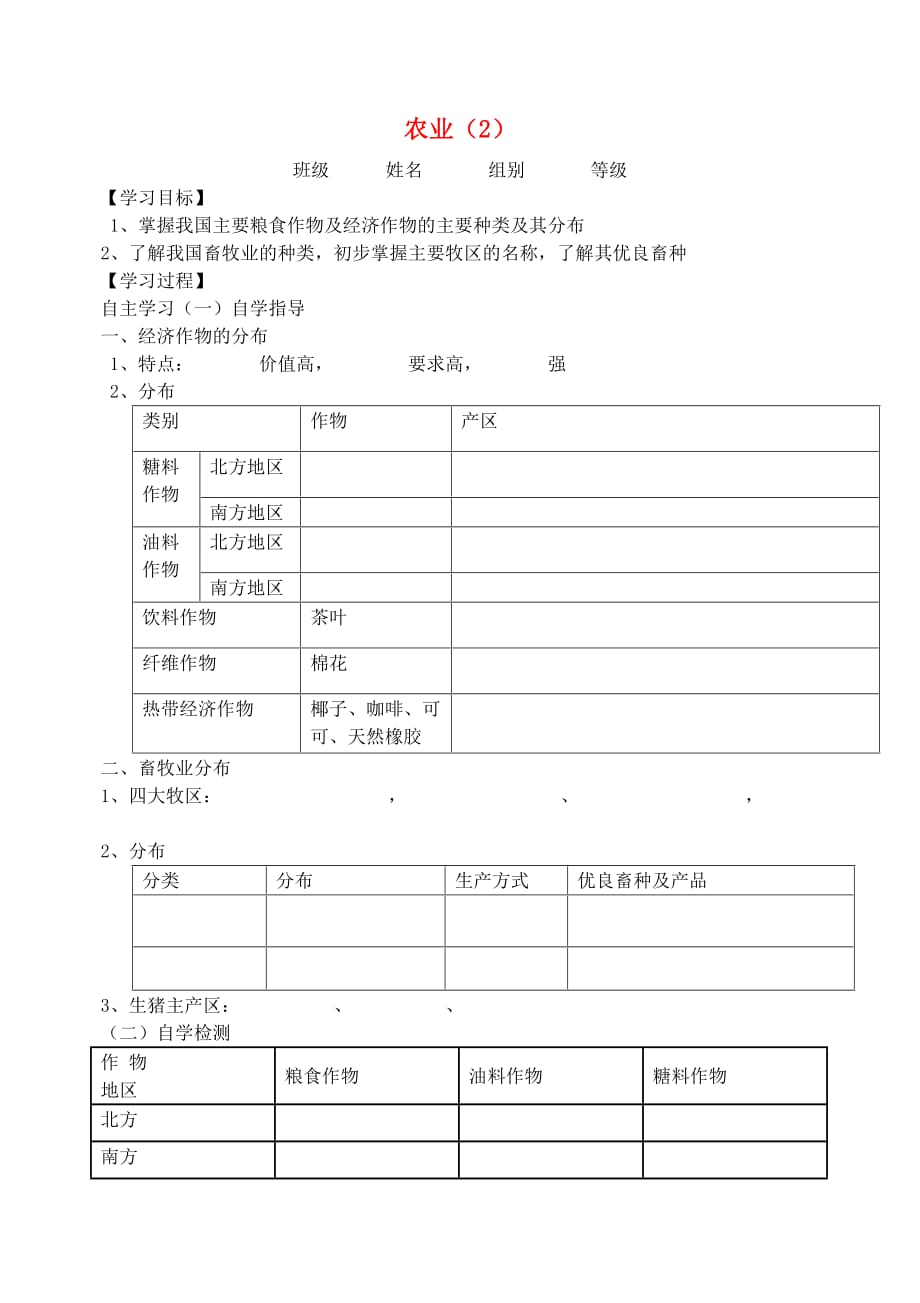 山东省诸城市舜王初中八年级地理上册 4.1 农业学案（2）（无答案）（新版）湘教版_第1页