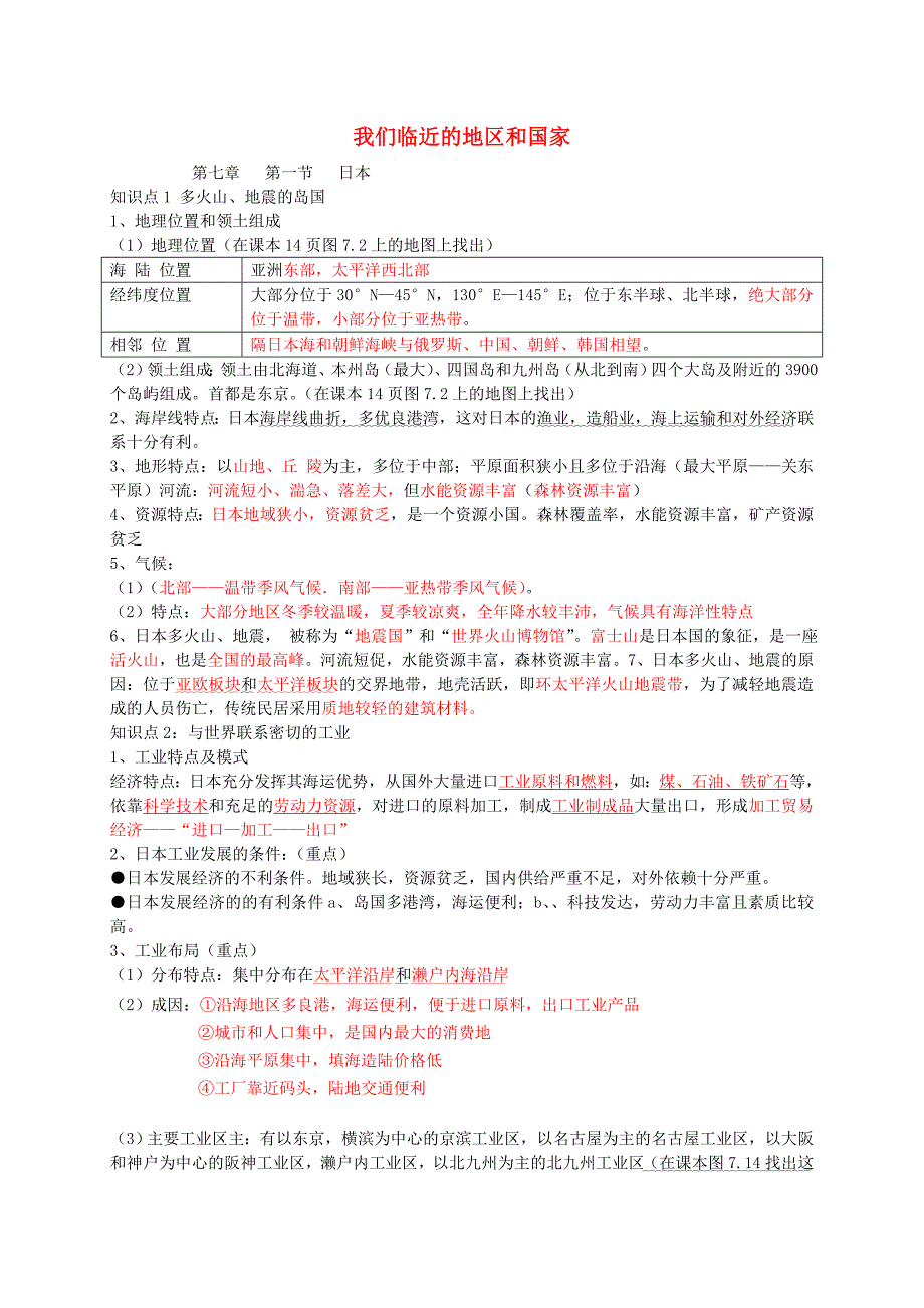 湖北省随州市2020年七年级地理下册 第七章 我们邻近的国家和地区复习提纲 （新版）新人教版_第1页