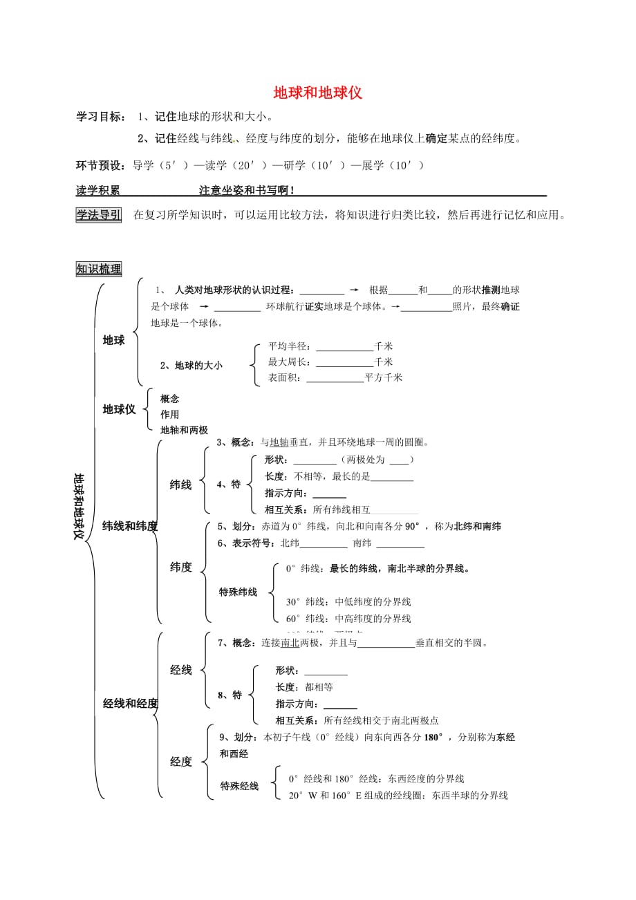 河北省石家庄七年级地理上册1.1地球和地球仪复习学案无答案新版新人教_第1页