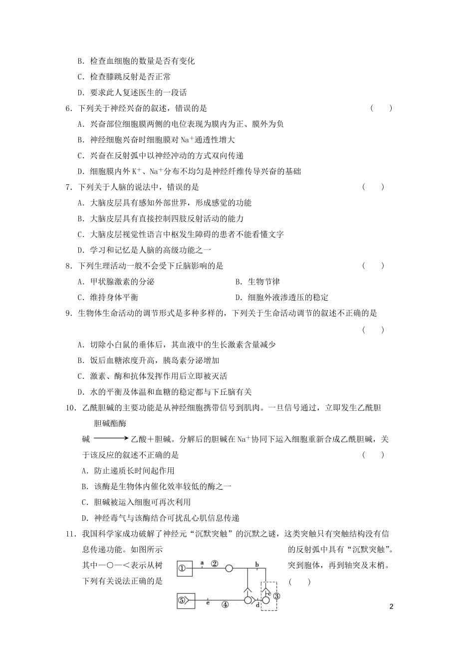 2012届高考生物一轮复习 8.33人体的神经调节课时训练 苏教版.doc_第2页