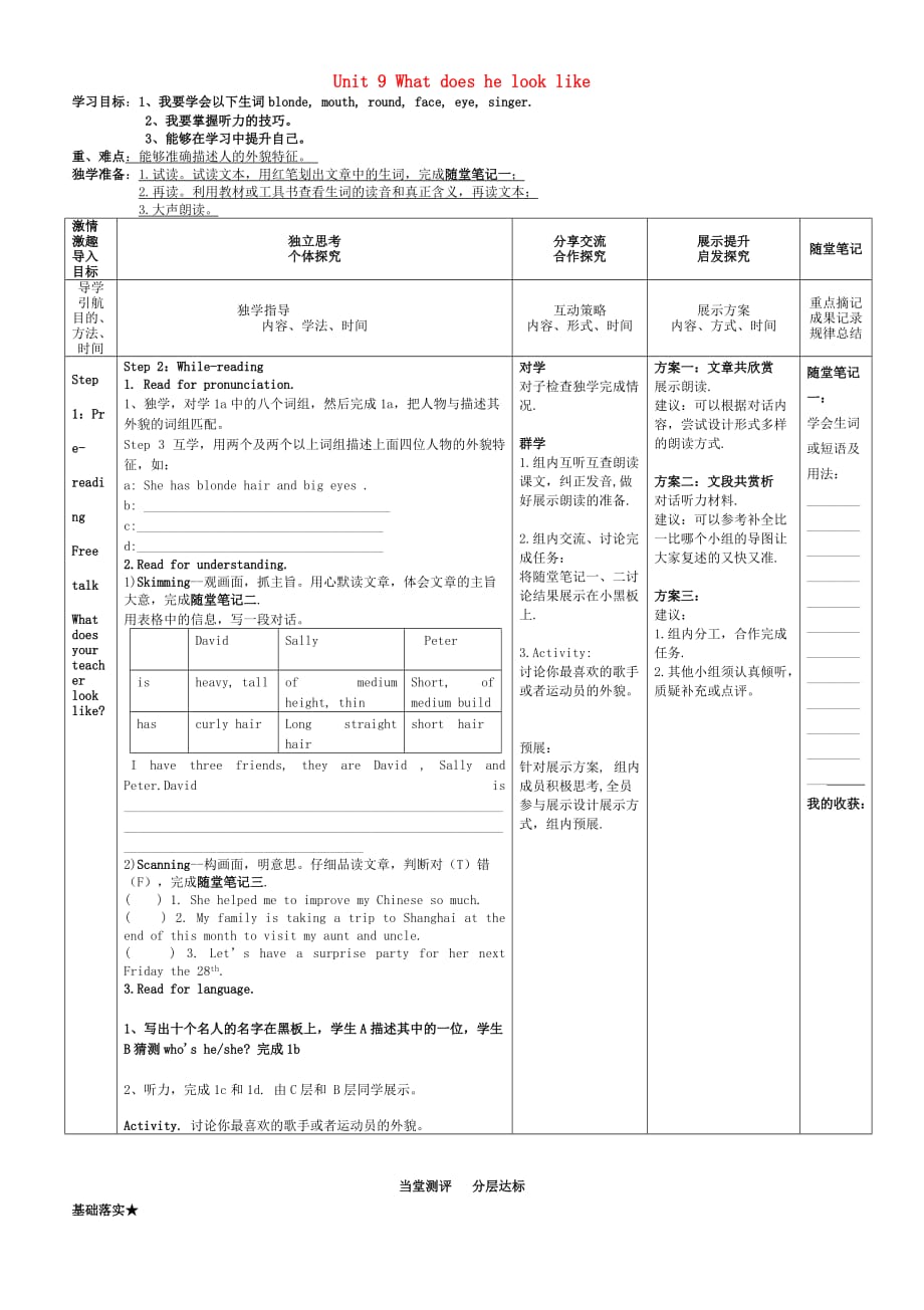 七年级英语下册 Unit 9 What does he look like Section B 1a—1d导学案（无答案）（新版）人教新目标版（通用）_第1页