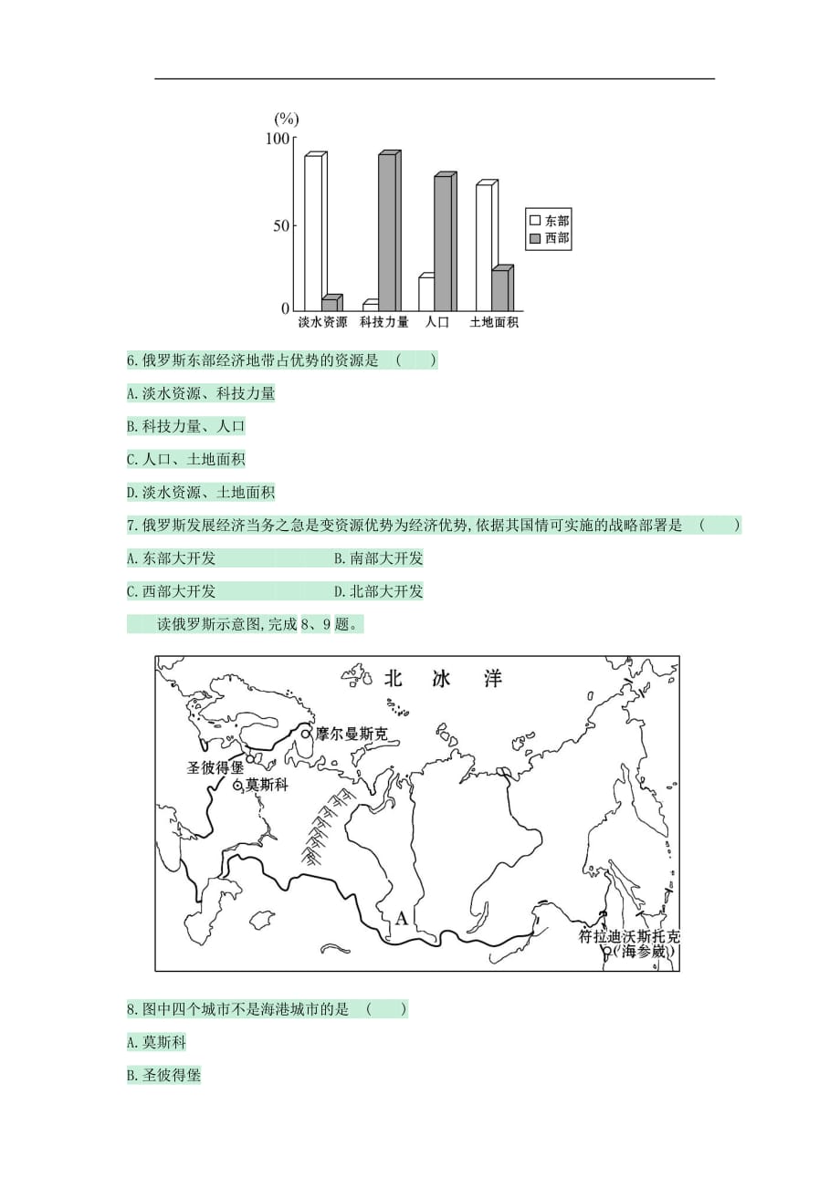 七年级地理下册 第八章 第三节 俄罗斯&ampamp;mdash;&ampamp;mdash;发展中的经济 人口与城市训练达标检测（含解析）（新版）湘教版_第2页