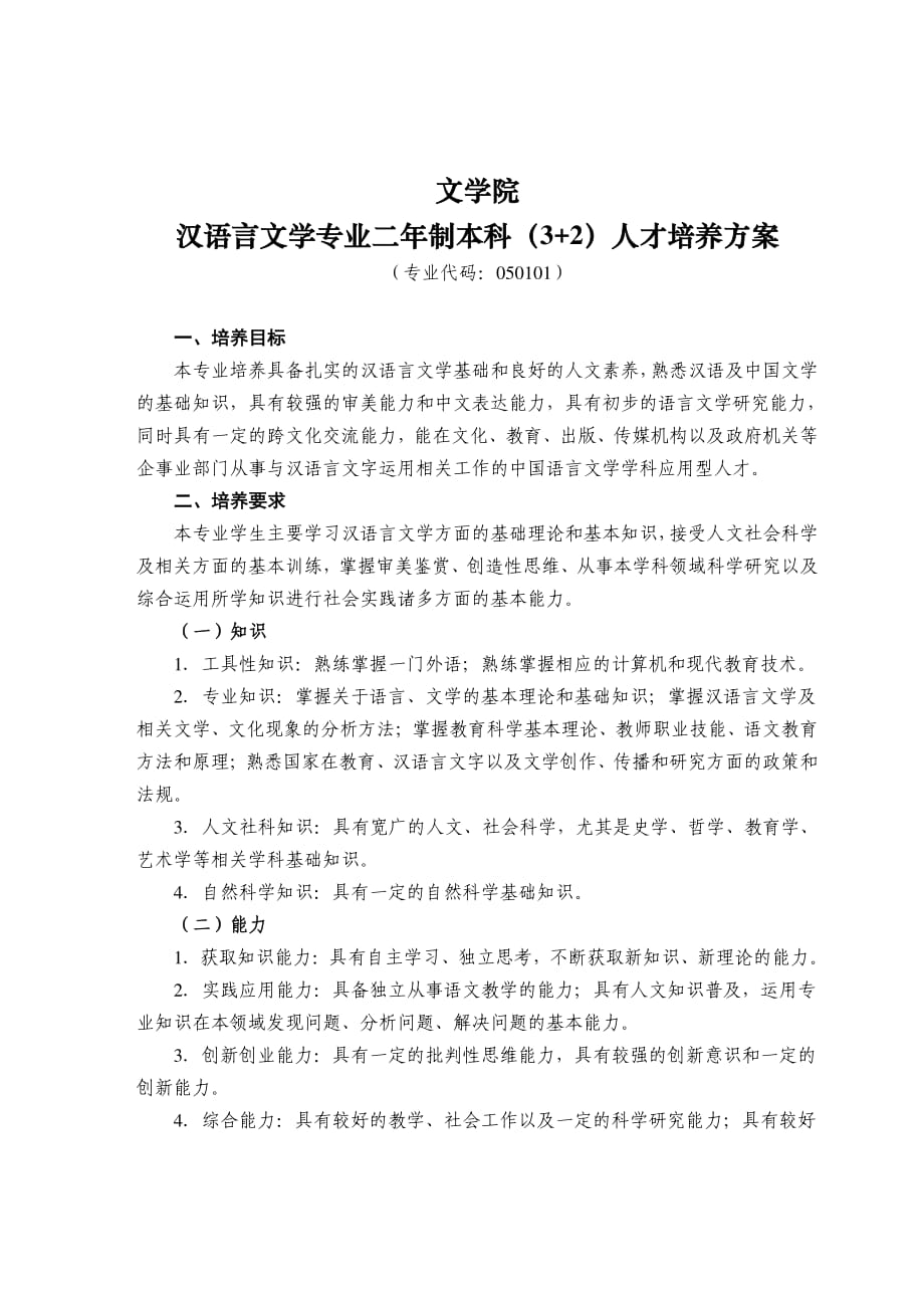 枣庄学院汉语言文学（32）专业人才培养方案_第1页