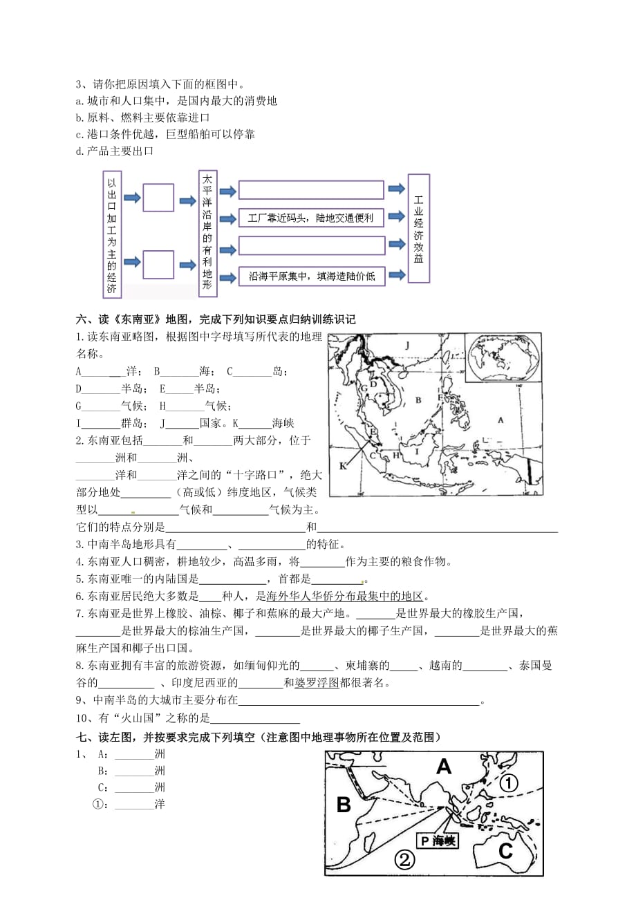 福建省宁化城东中学七年级地理上册 读图及知识要点系统归纳训练专题（无答案） 新人教版_第3页