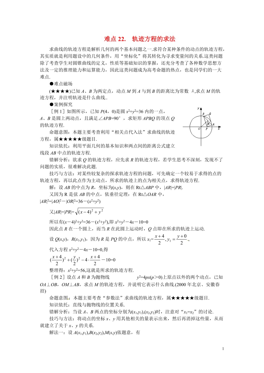 2011届高考数学难点突破难点22 轨迹方程的求法.doc_第1页