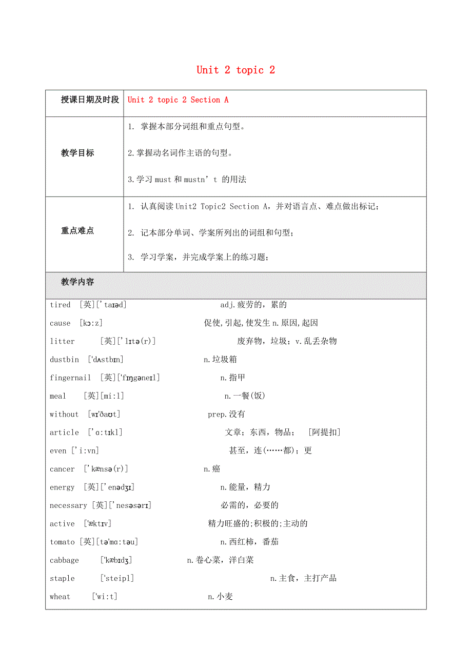 八年级英语上册 Unit 2 Keeping Healthy Topic 2 I must ask him to give up smoking Section A辅学导学案（无答案）（新版）仁爱版（通用）_第1页