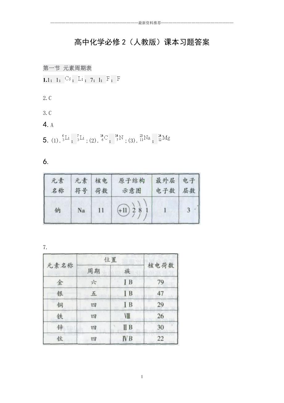 高中化学必修2(人教版)课本习题答案精编版_第1页