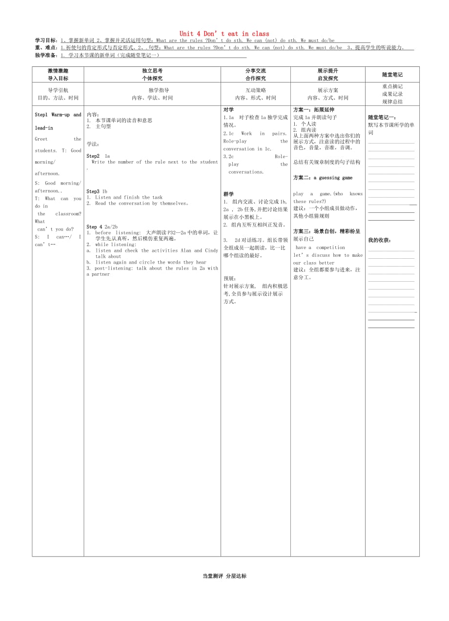 七年级英语下册 Unit 4 Don’t eat in class（Section A 1a-2d）导学案（无答案）（新版）人教新目标版（通用）_第1页