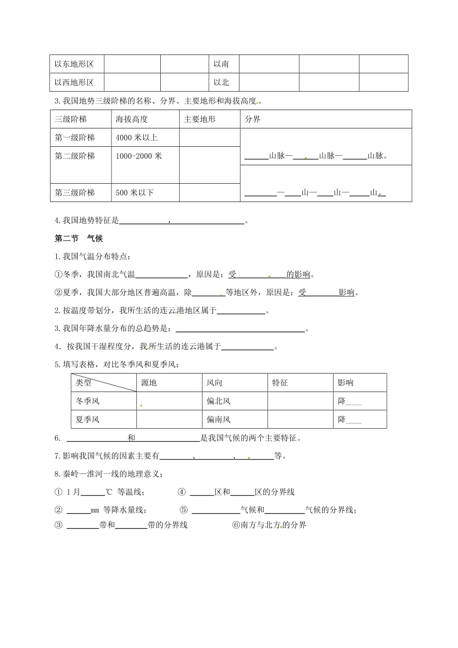 江苏省东海县2020届中考地理复习 八上 疆域、地形（无答案）_第2页