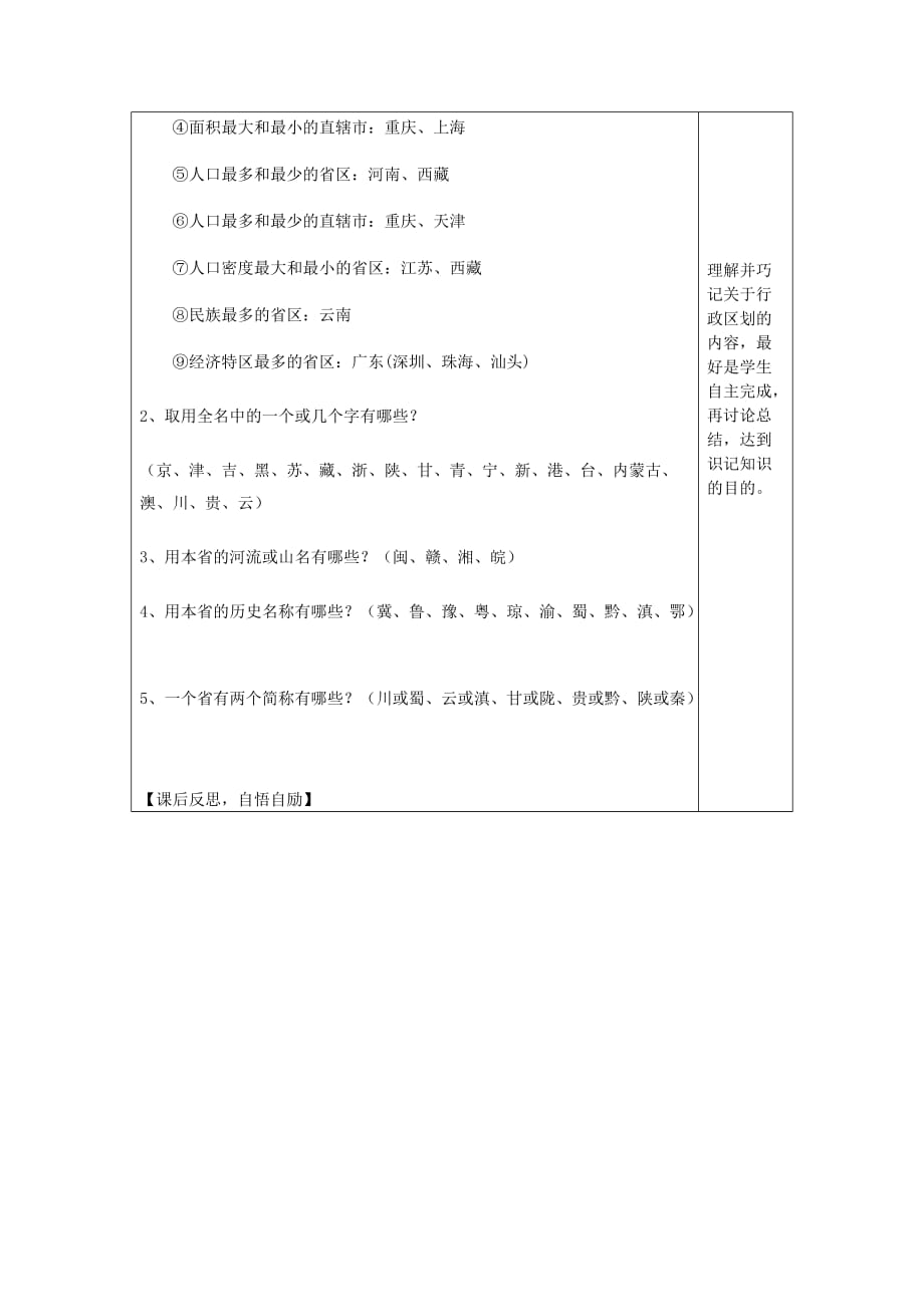 八年级地理上册 第一单元 第二课 行政区划学案（无答案） 商务星球版_第4页