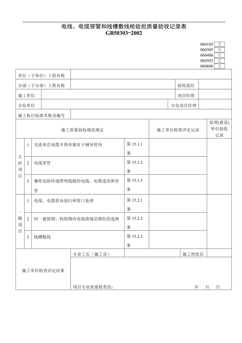 2020电线、电缆穿管和线槽敷线检验批质量验收记录表03_第1页