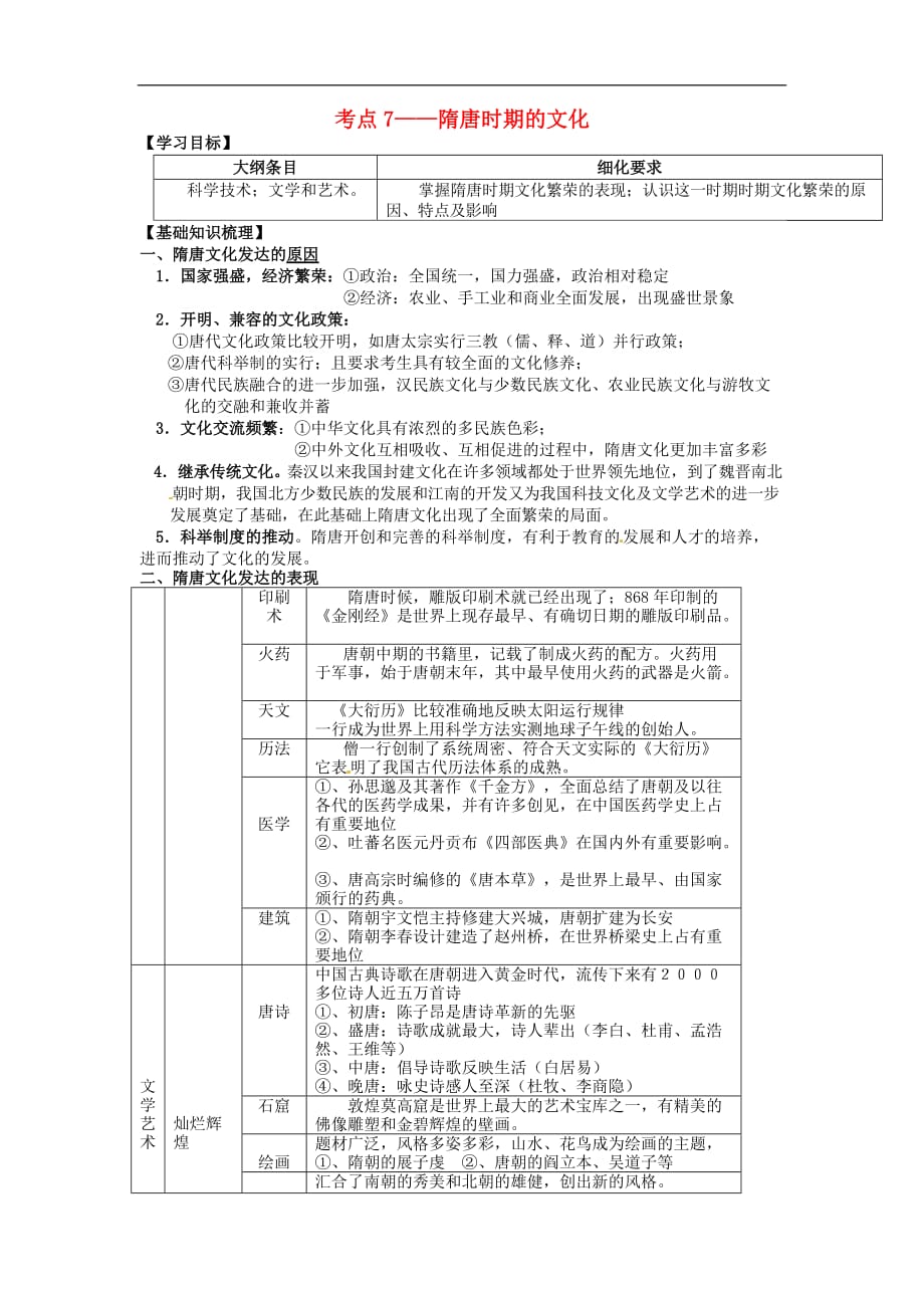 广西崇左市宁明县2013届高三历史一轮复习 考点7 隋唐时期的文化教学案.doc_第1页