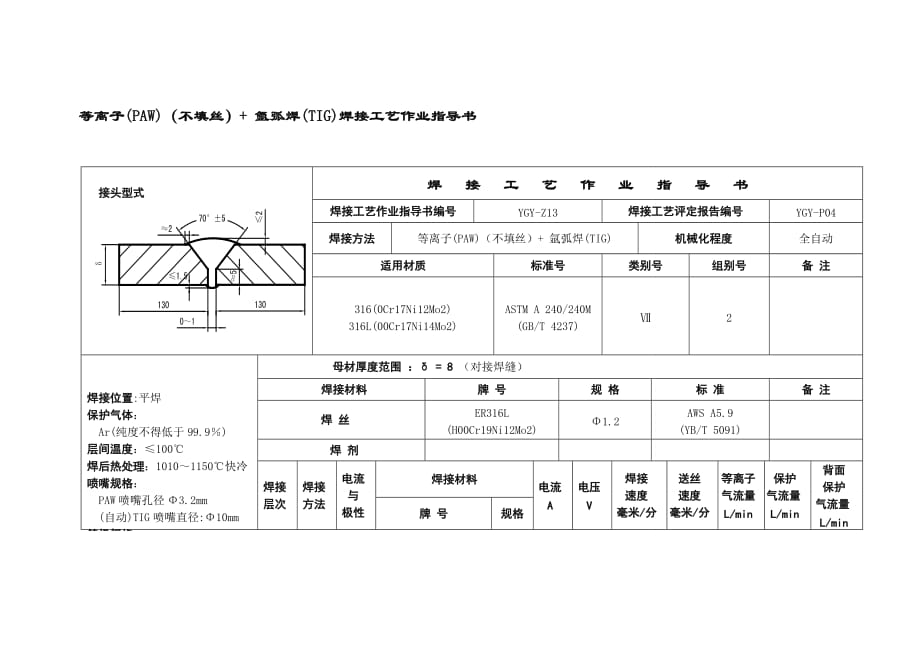 等离子(PAW)（不填丝）+ 氩弧焊(TIG)焊接工艺作业指导书1_第1页