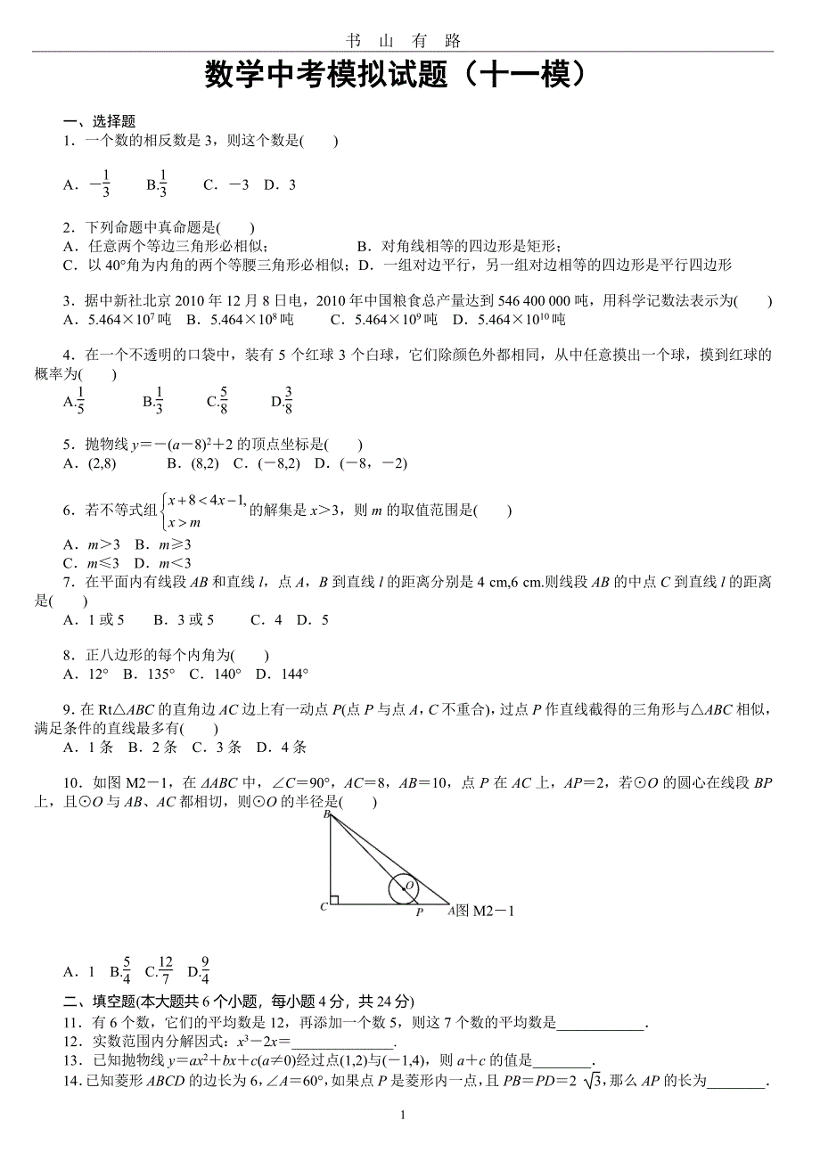 中考数学模拟试卷(十一模)PDF.pdf_第1页