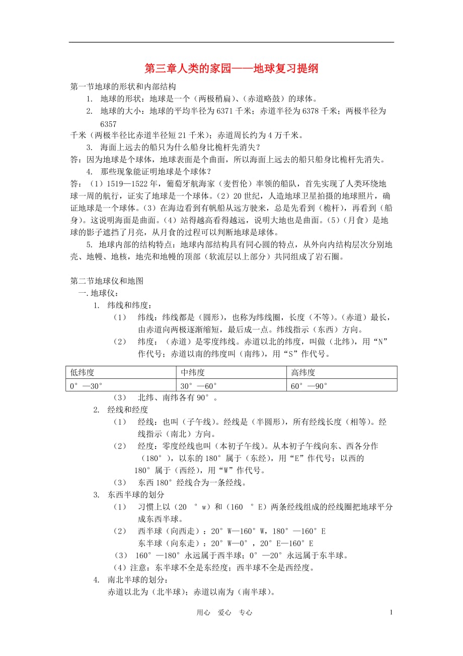 2012年秋七年级科学上册 第三章人类的家园—地球复习提纲 浙教版.doc_第1页