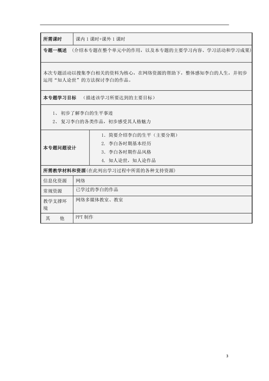 山东省淄博高中2012-2013学年高二语文 《豪放飘逸的太白诗》主题单元设计.doc_第3页