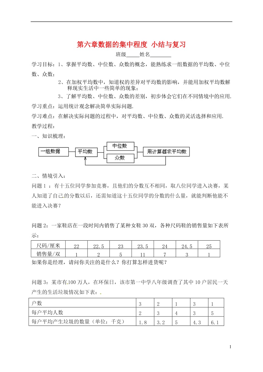 江苏省无锡市长安中学八年级数学上册 第六章 数据的集中程度小结与复习学案（无答案） 苏科版.doc_第1页