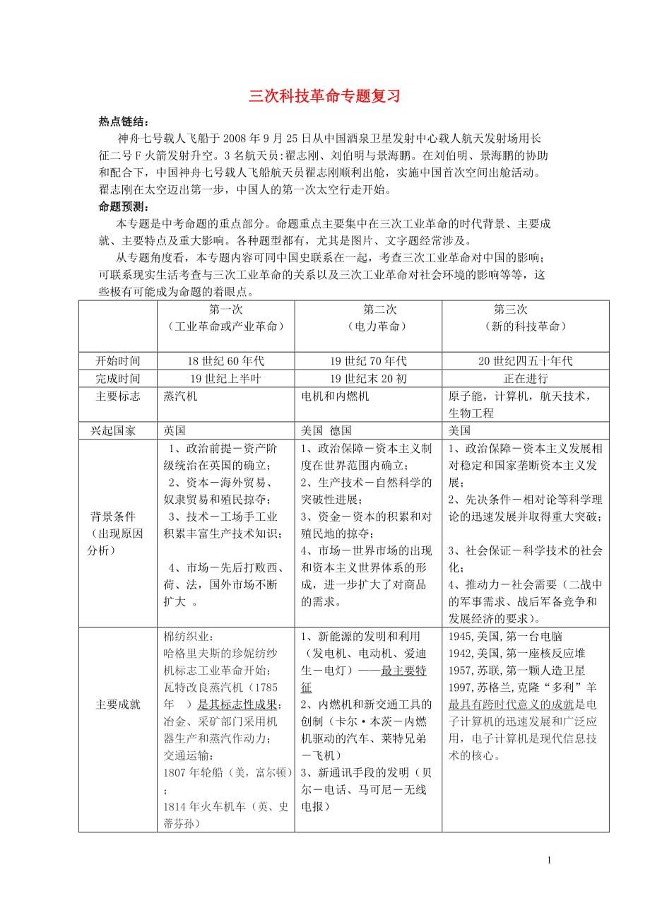 九年级历史下册 三次科技革命专题复习表素材 华师大版.doc_第1页