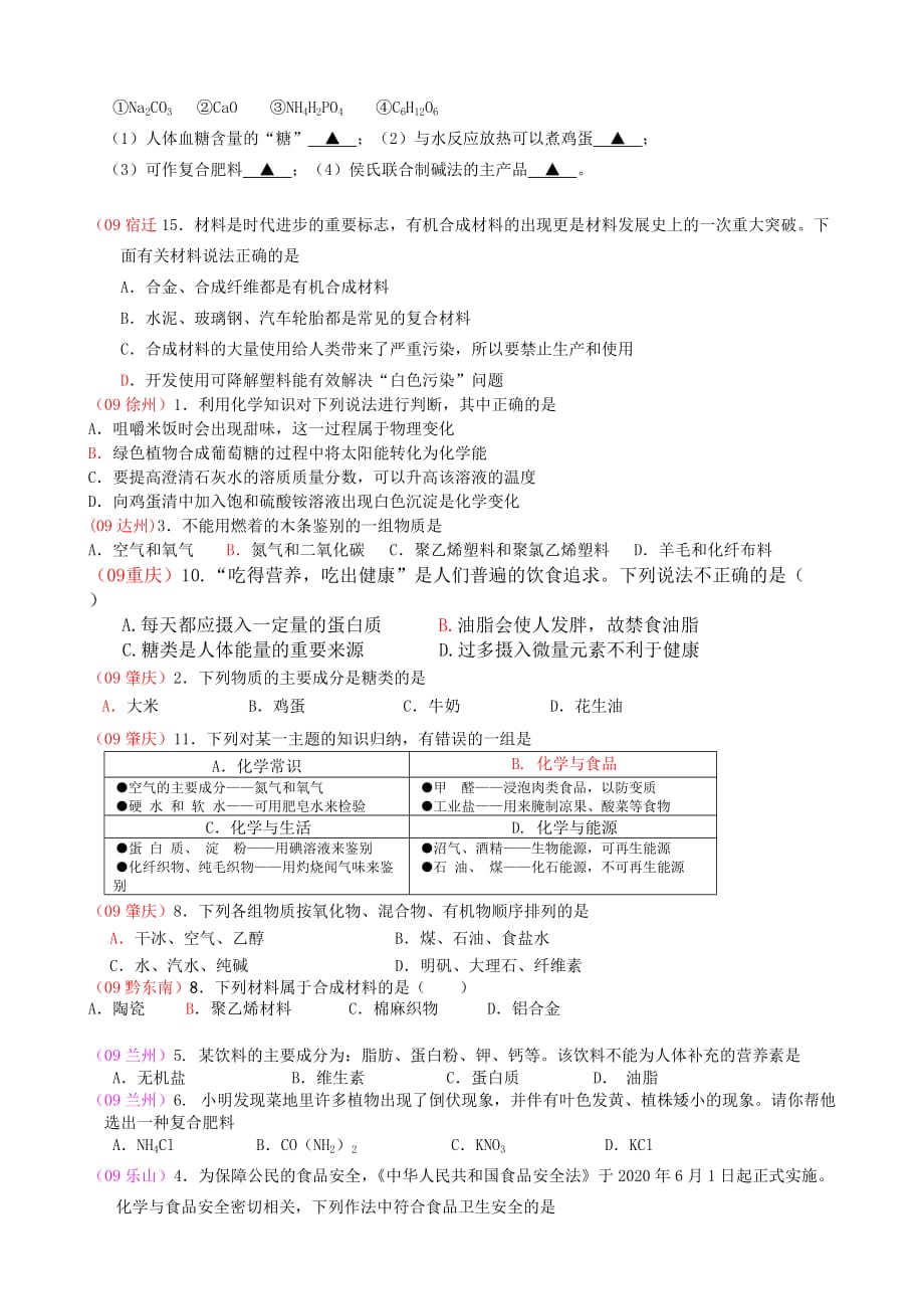 09年中考试题汇编之第十二单元《化学与生活》知识点分析_第3页