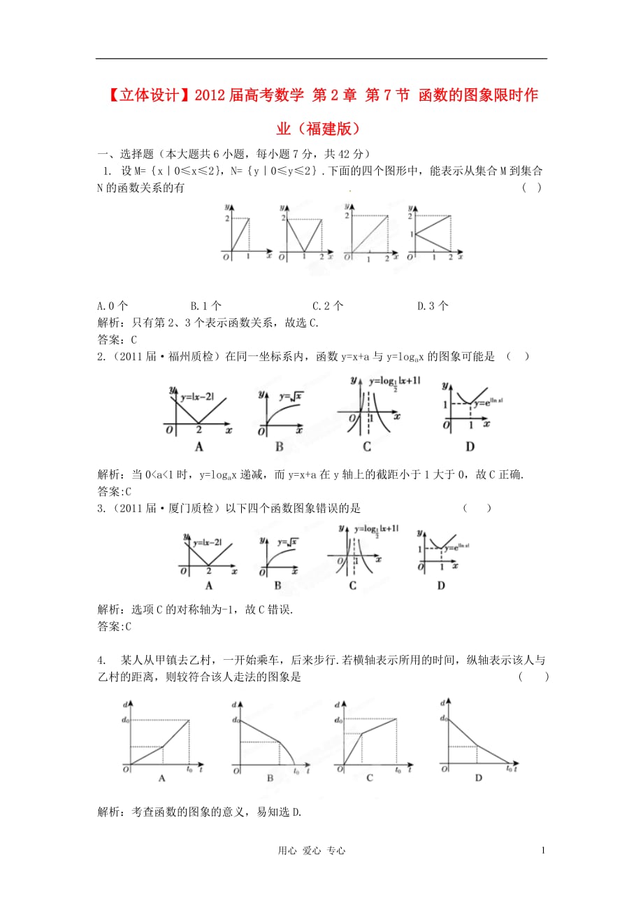 【立体设计】2012届高考数学 第2章 第7节 函数的图象限时作业（福建版）.doc_第1页