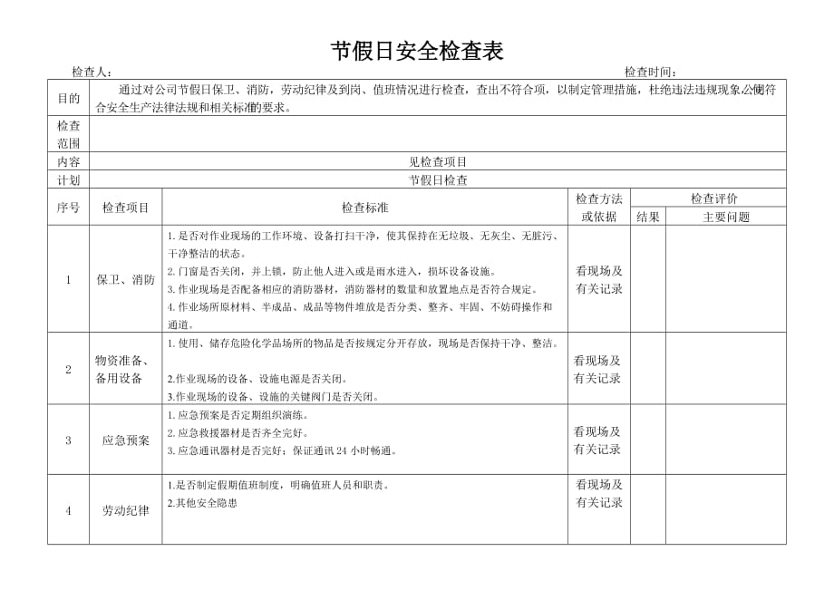 节假日之前企业安全生产工作检查表_第1页