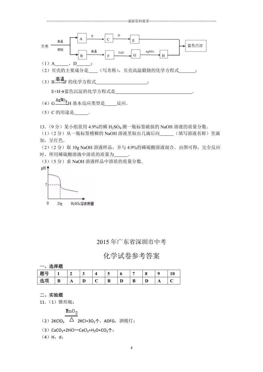 年深圳中考化学试题及答案(word版)精编版_第4页