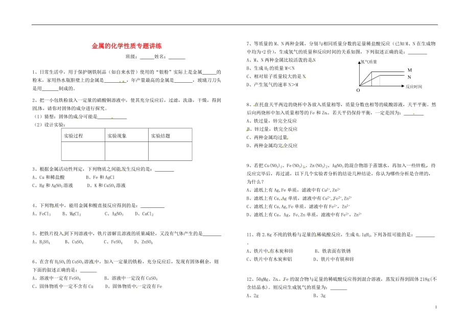 湖南省武冈三中2013届九年级化学下册 金属的化学性质练习题 新人教版.doc_第1页