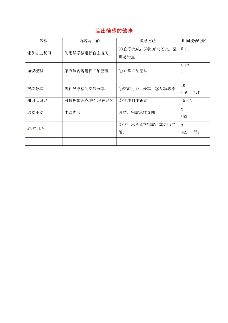 广东省河源市七年级道德与法治下册 第二单元 做情绪情感的主人 第五课 品出情感的韵味教学流程 新人教版（通用）_第1页