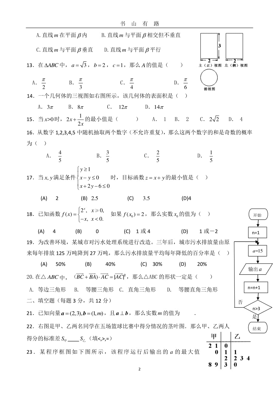 高考高职单招数学模拟试题(带答案)PDF.pdf_第2页